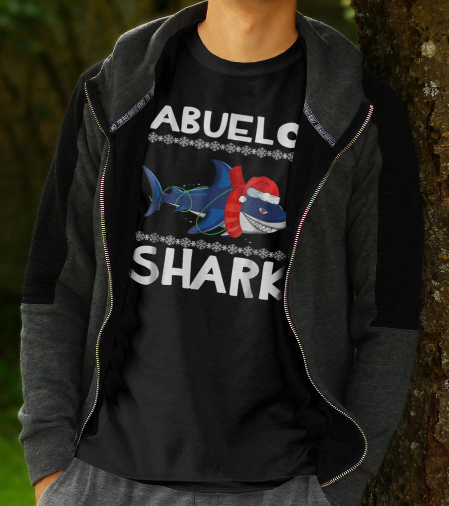 Abuelo Shark Christmas Family Sweater Santa Hat Snowflakes T-Shirt