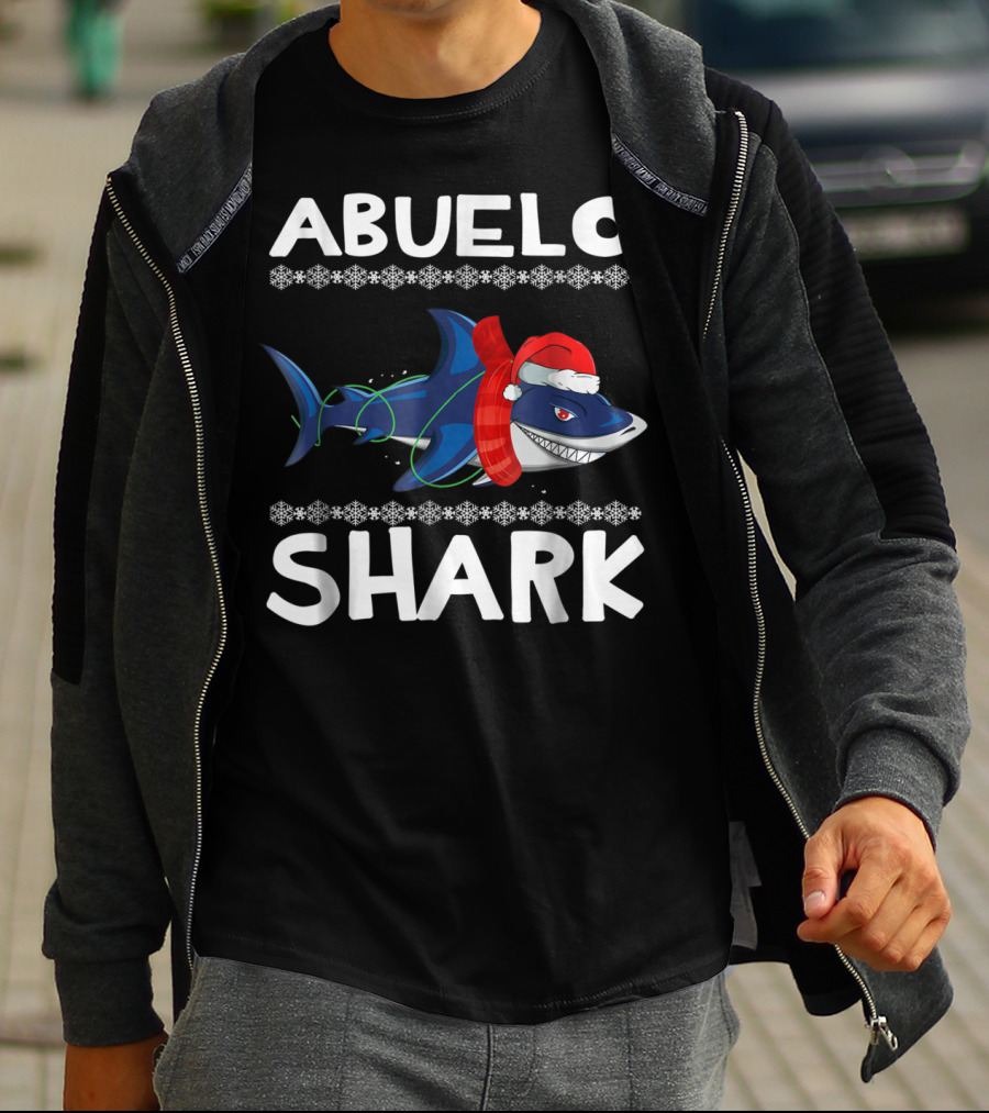 Abuelo Shark Christmas Family Sweater Santa Hat Snowflakes T-Shirt