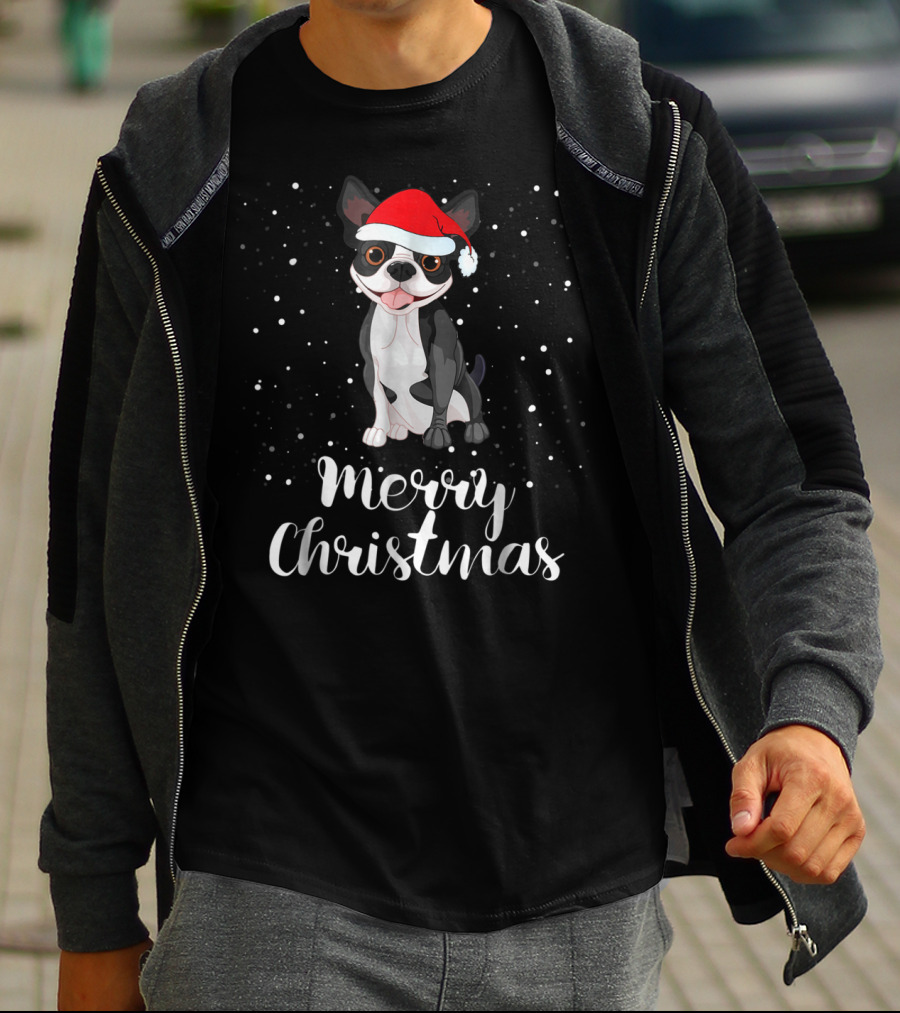 Merry Christmas Boston Terrier Santa Hat Matching Family Group T-Shirt