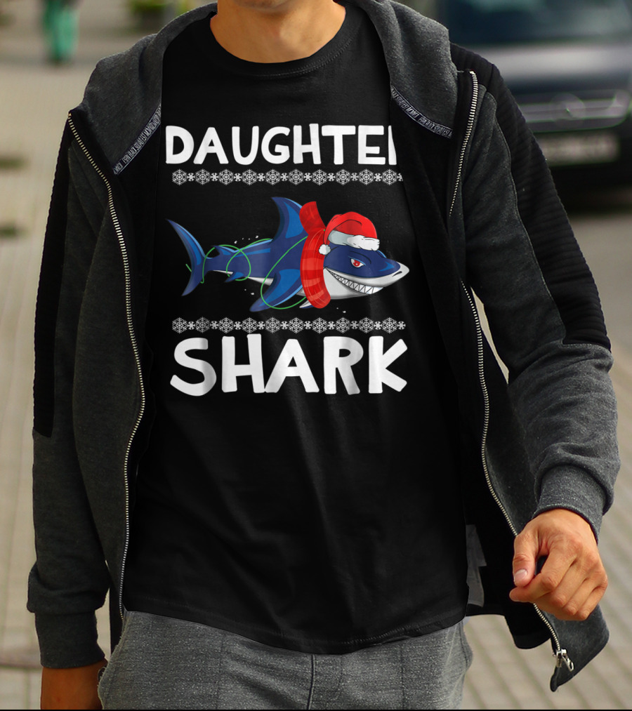 Daughter Shark Christmas Santa Hat Scarf Ugly Sweater Family T-Shirt
