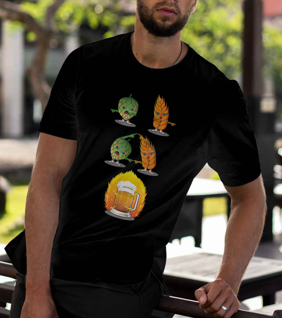 Funny Beer Fusion Hop And Malt Characters With Beer Mug Explosion T-Shirt