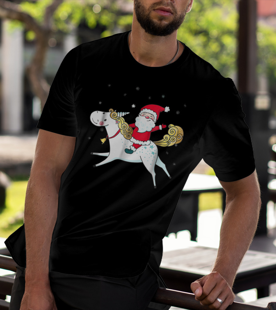 Funny Santa Claus Riding A Unicorn Christmas Noel T-Shirt