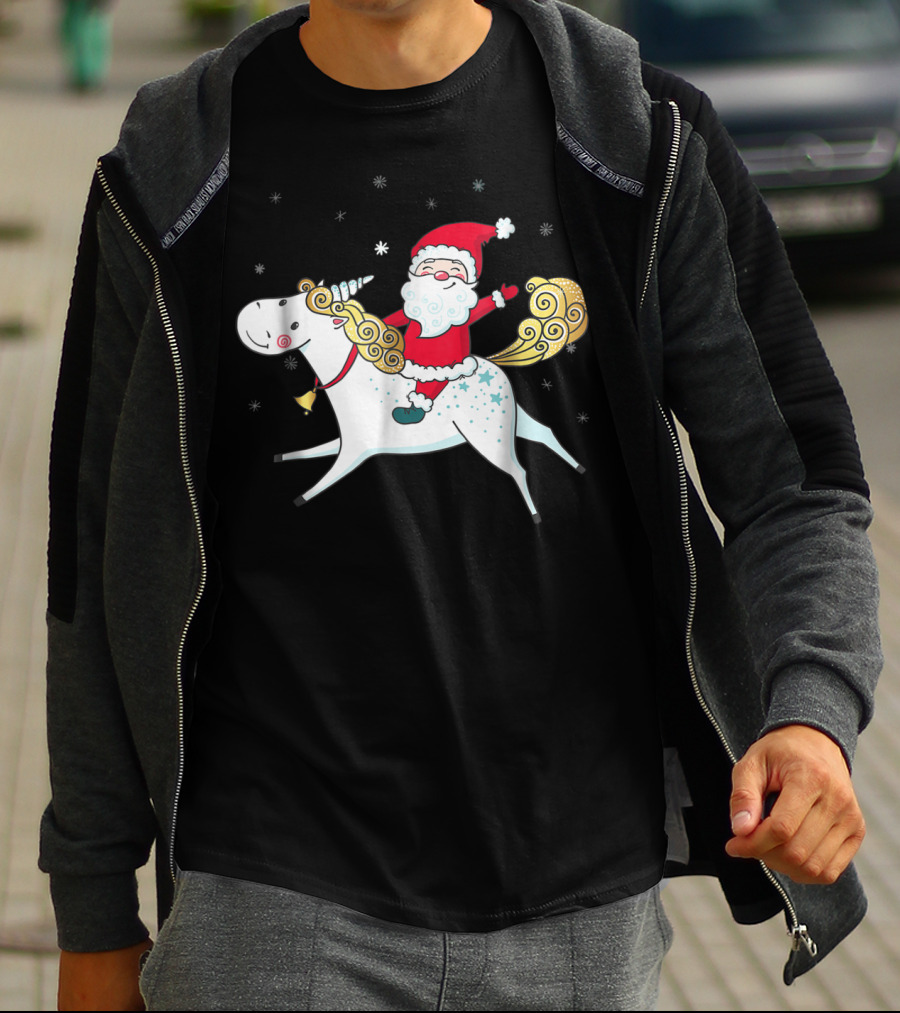 Funny Santa Claus Riding A Unicorn Christmas Noel T-Shirt