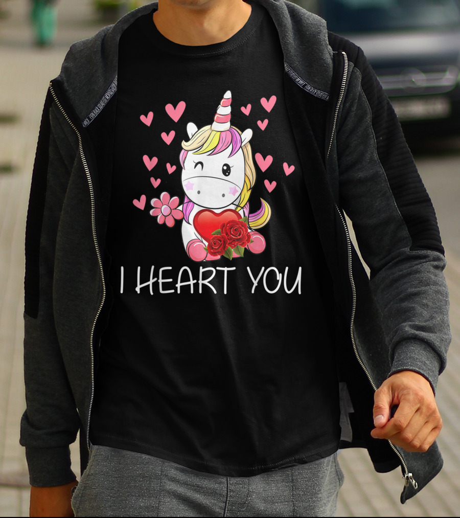 Girls Cute Unicorn I Heart You Valentines Day Hearts Roses T-Shirt