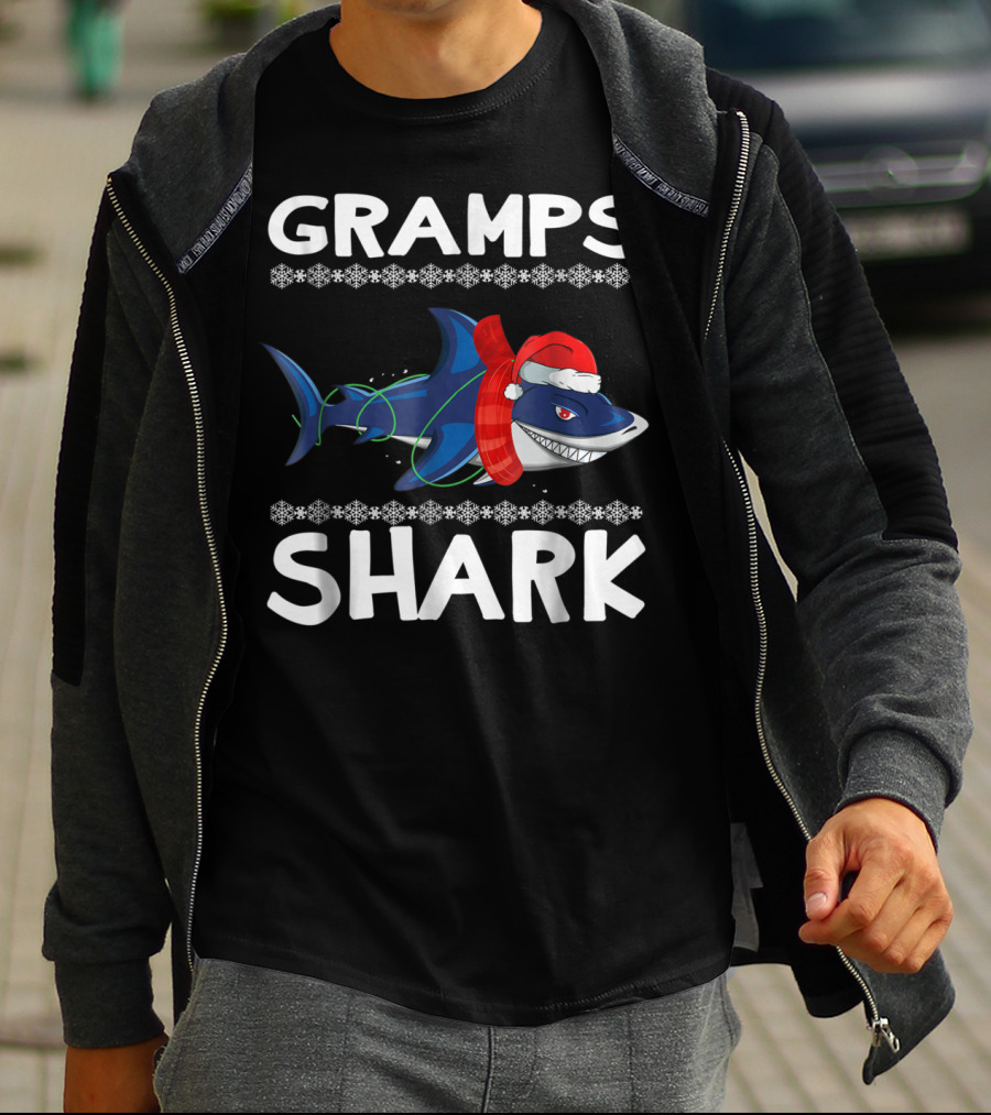 Gramps Shark Ugly Christmas Family Santa Hat And Scarf Snowflakes T-Shirt