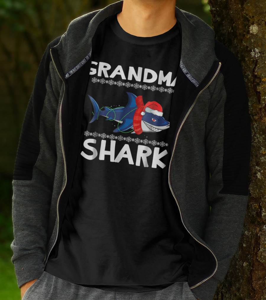 Grandma Shark Ugly Christmas With Santa Hat And Scarf T-Shirt