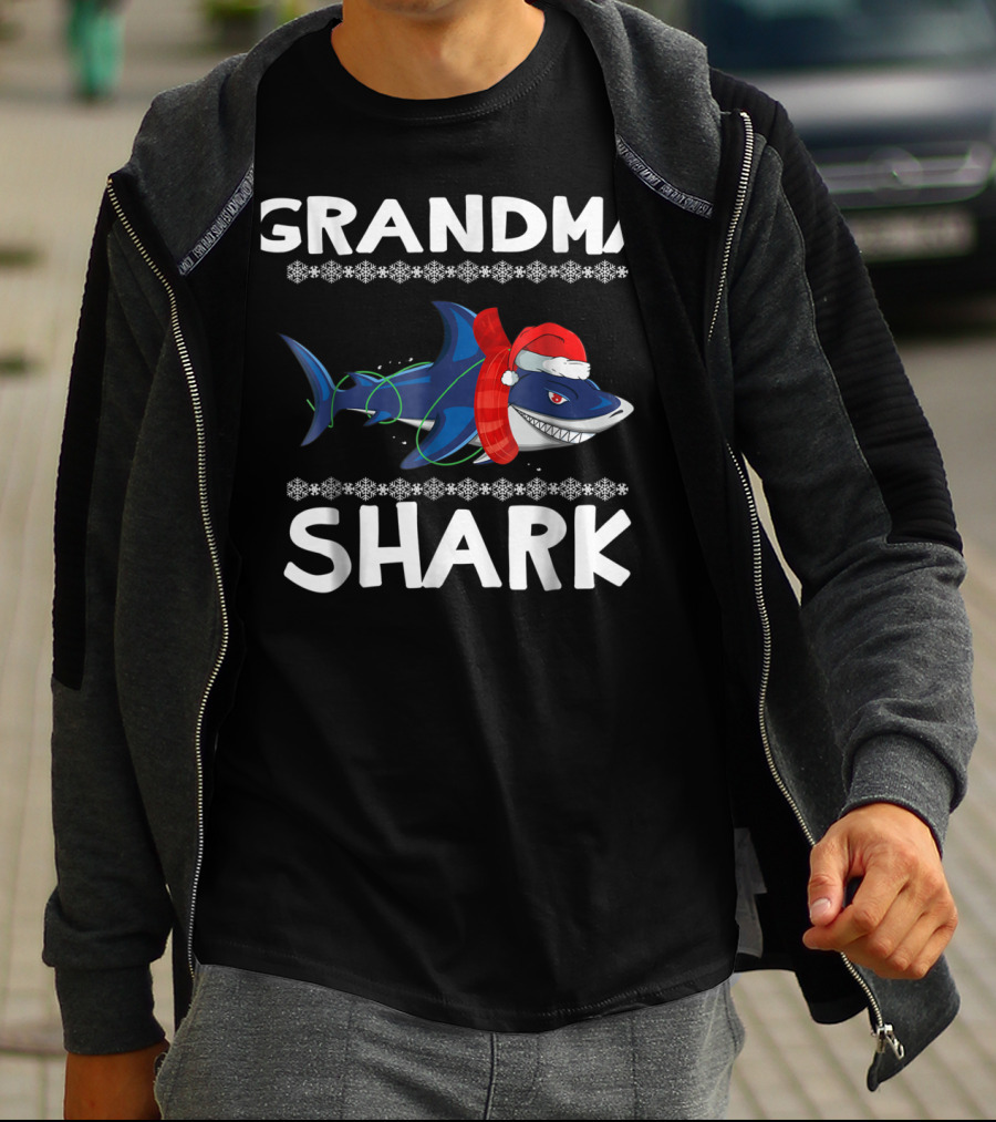 Grandma Shark Ugly Christmas With Santa Hat And Scarf T-Shirt
