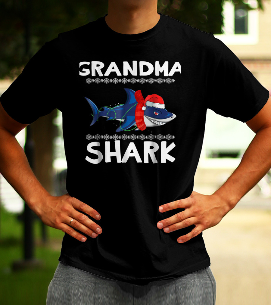 Grandma Shark Ugly Christmas With Santa Hat And Scarf T-Shirt