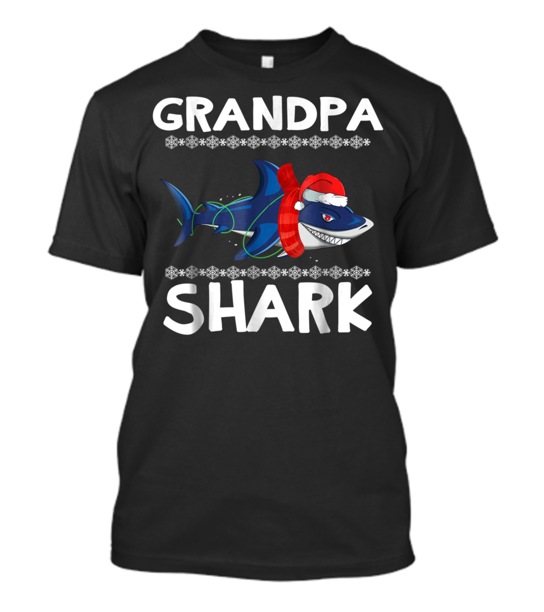Grandpa Shark Christmas With Santa Hat And Holiday Lights T-Shirt
