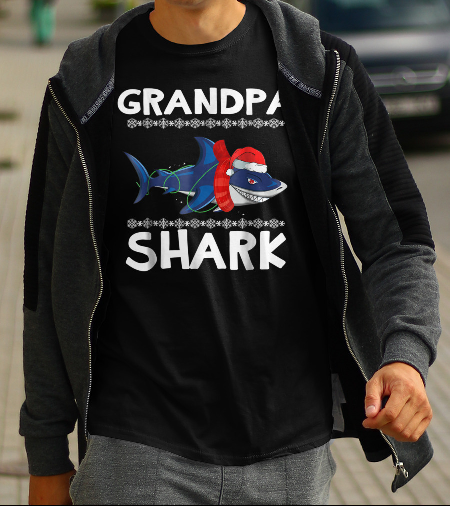 Grandpa Shark Christmas With Santa Hat And Holiday Lights T-Shirt