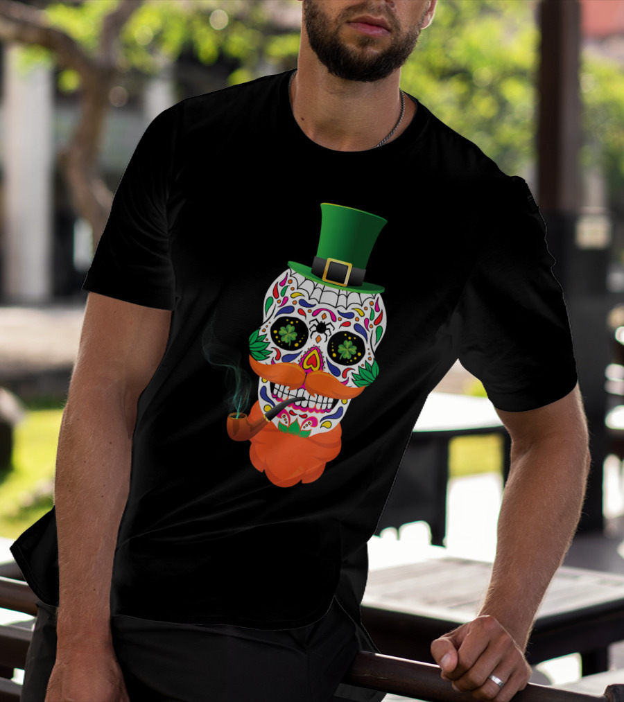 Irish Sugar Skull Leprechaun St Patricks Day Clover Pipe Hat Colorful T-Shirt