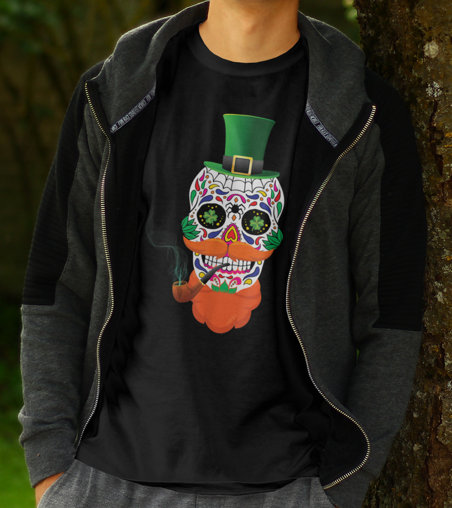 Irish Sugar Skull Leprechaun St Patricks Day Clover Pipe Hat Colorful T-Shirt
