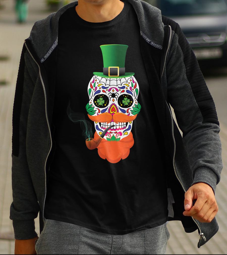 Irish Sugar Skull Leprechaun St Patricks Day Clover Pipe Hat Colorful T-Shirt