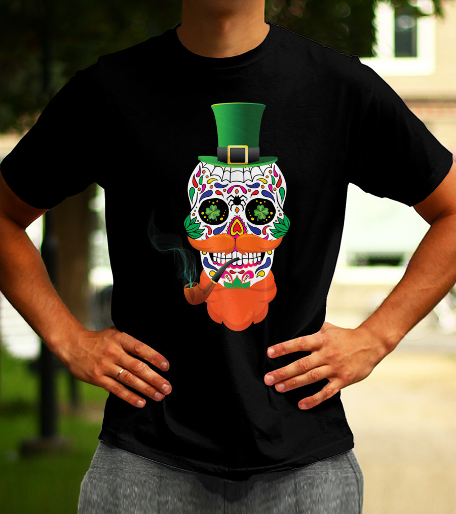 Irish Sugar Skull Leprechaun St Patricks Day Clover Pipe Hat Colorful T-Shirt