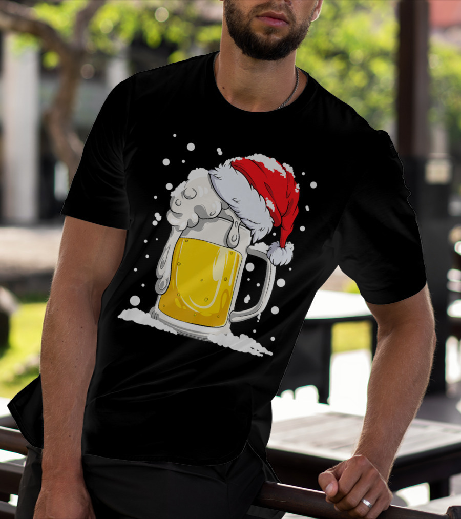 Beer Mug Wearing Santa Hat Surrounded By Snowflakes T-Shirt