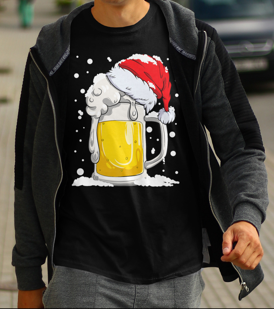 Beer Mug Wearing Santa Hat Surrounded By Snowflakes T-Shirt