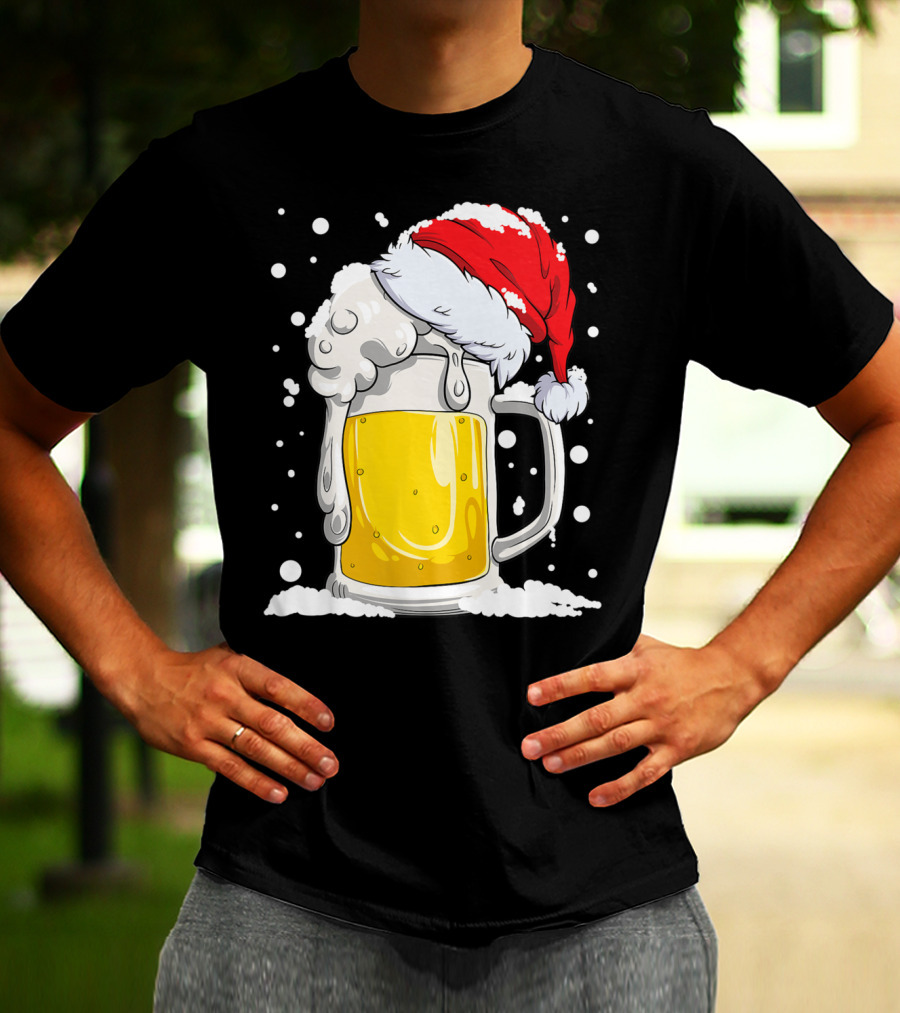 Beer Mug Wearing Santa Hat Surrounded By Snowflakes T-Shirt