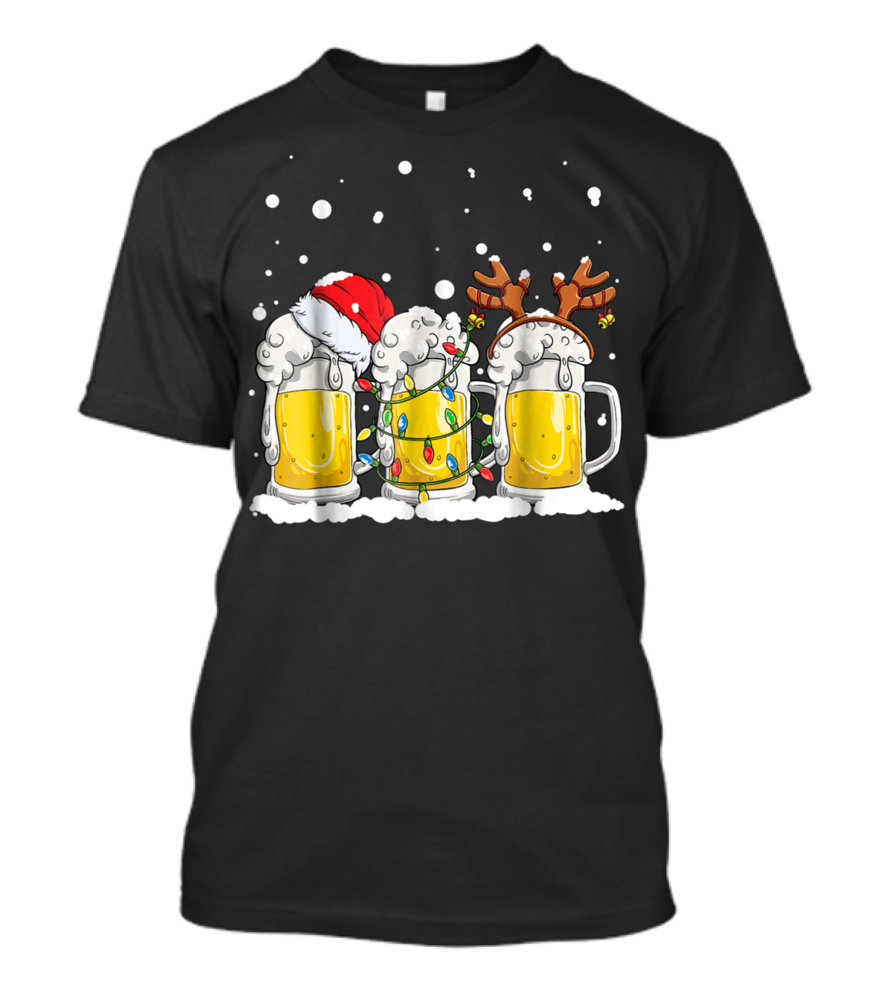 Beer Christmas Santa Hat Reindeer Antlers Xmas Lights T-Shirt