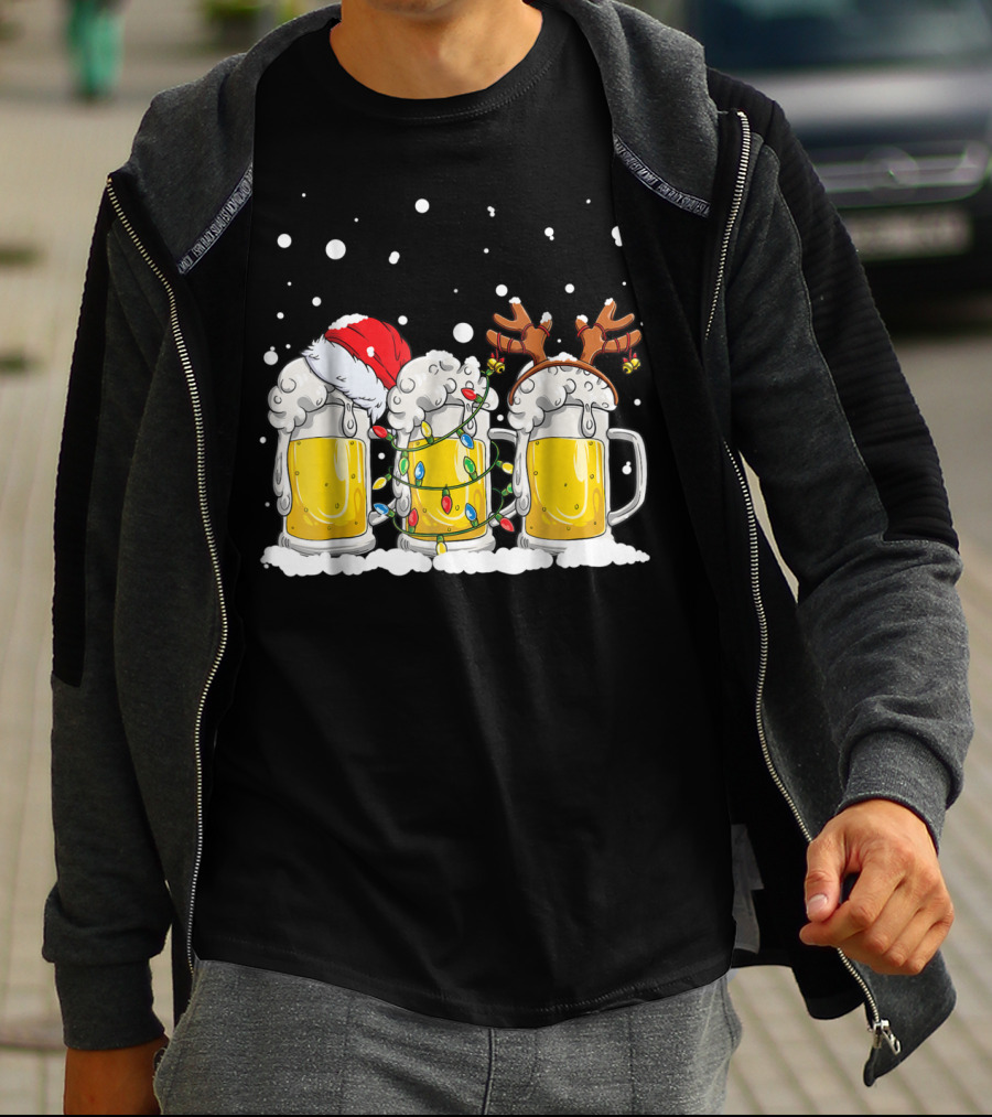 Beer Christmas Santa Hat Reindeer Antlers Xmas Lights T-Shirt