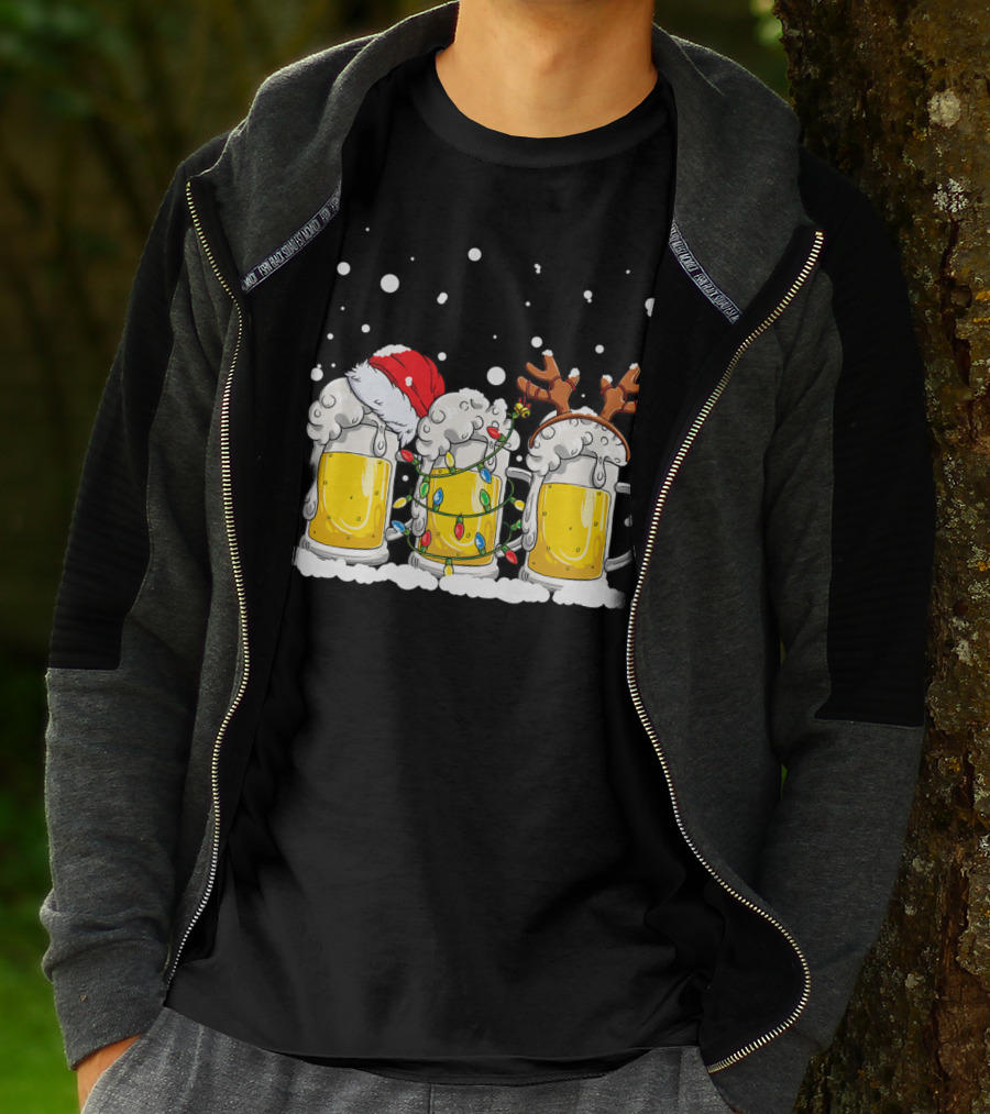 Beer Santa Christmas Lights Reinbeer Holiday Cheers T-Shirt