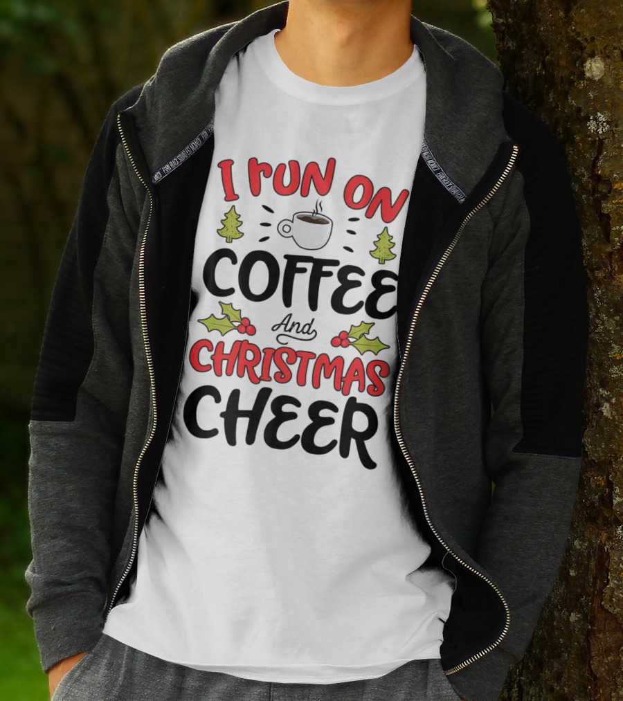 I Run On Coffee And Christmas Cheer With Festive Holiday Icons T-Shirt