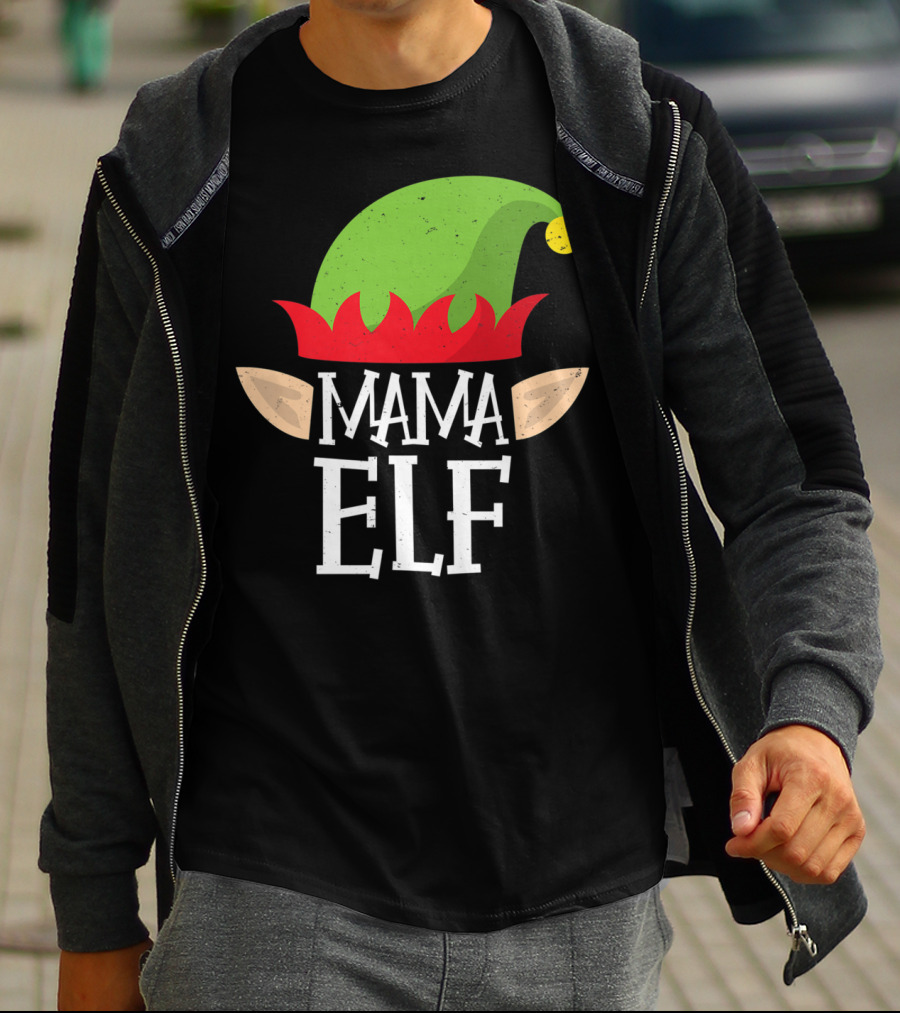 Mama Elf Christmas Matching Family Elves Hat And Ears T-Shirt