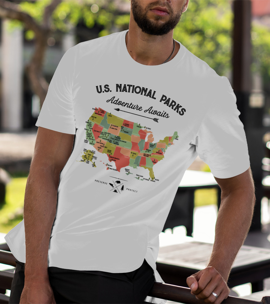 U.S. National Parks Adventure Awaits Map Preserve Protect Vintage Camping Hiking 59 US T-Shirt