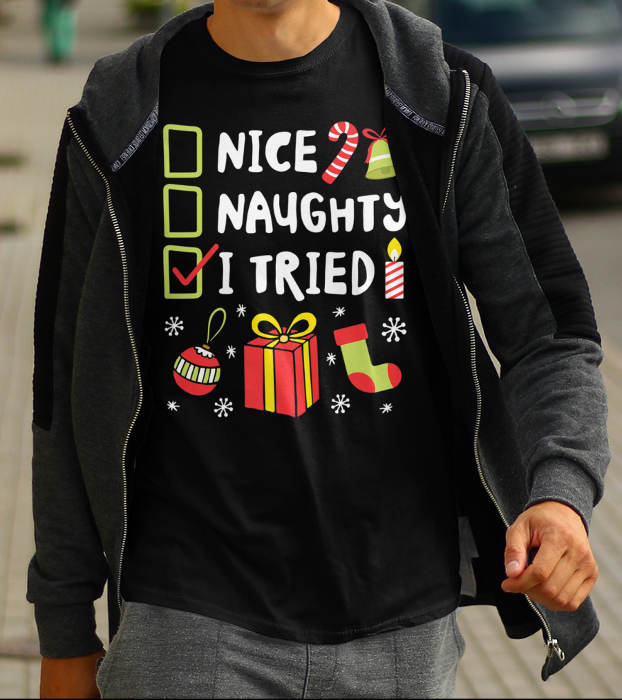 Nice Naughty I Tried Christmas Funny Xmas Candy Cane Stocking Gift Bell Candle T-Shirt