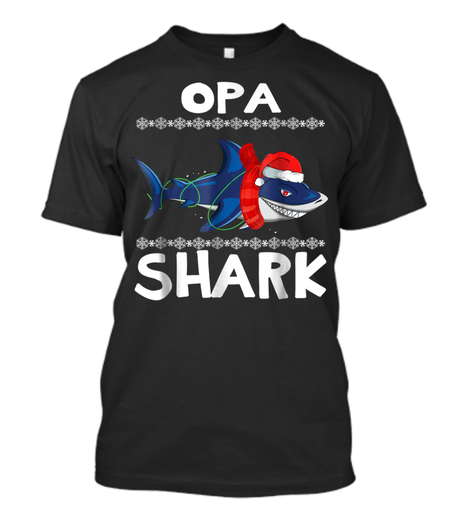 Opa Shark Christmas Family Santa Hat Snowflakes Ugly T-Shirt