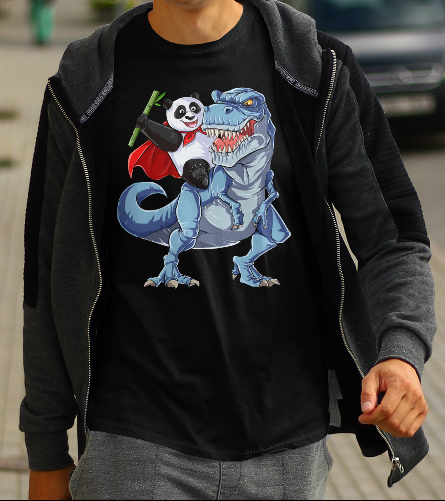 Panda Riding Dinosaur Rex Funny Pandas Bear 3 T-Shirt