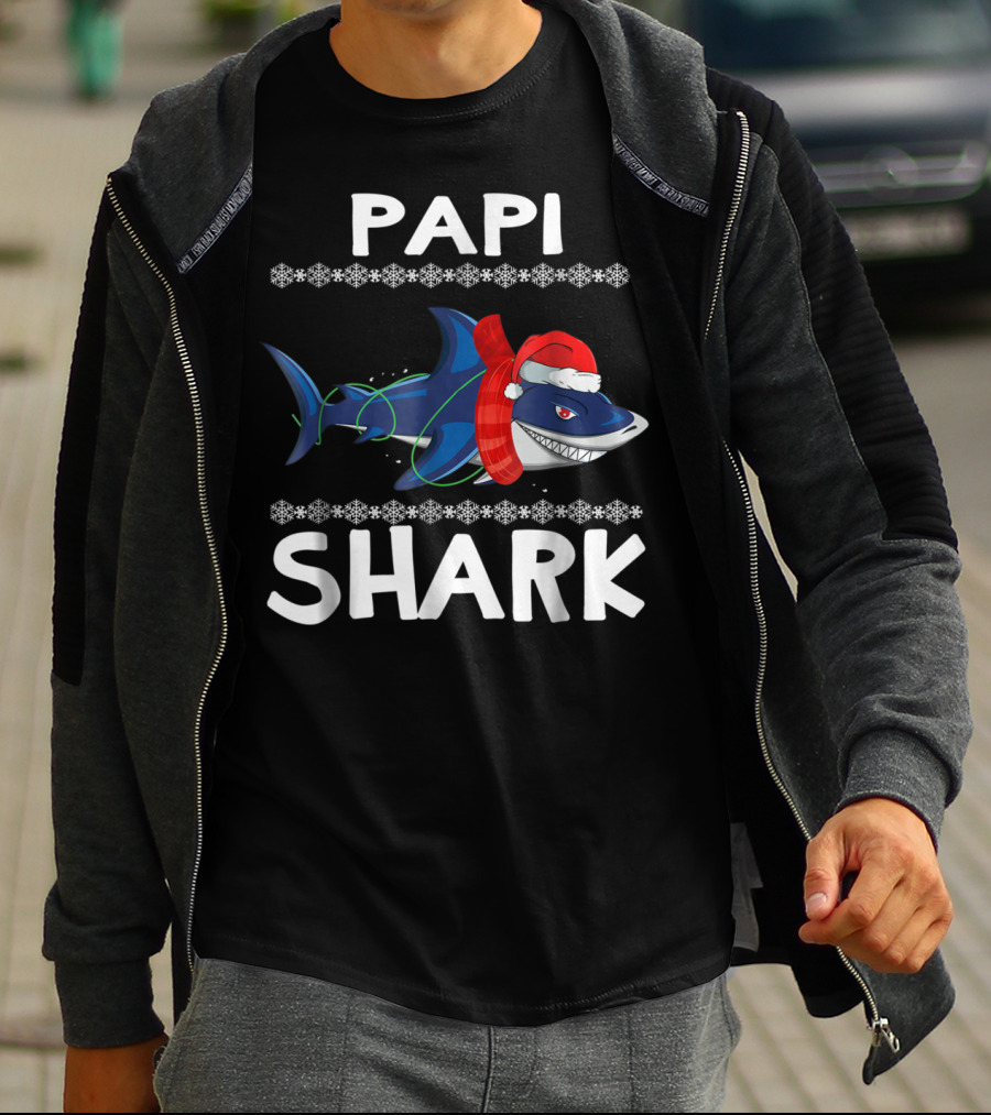 Papi Shark Ugly Christmas Family Santa Hat Snowflakes T-Shirt