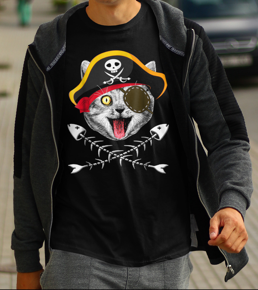 Cat Pirate Jolly Roger Flag Skull Crossbones Eyepatch Fishbones T-Shirt