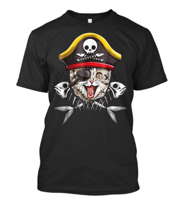 Cat Pirate Jolly Roger Flag Skull Crossbones Captain15 Eye Patch Fish Bones Hat Skull T-Shirt