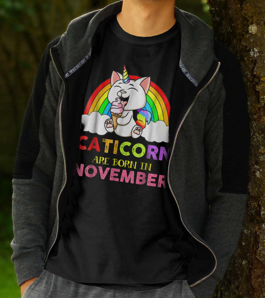 Caticorn Are Born In November Rainbow Ice Cream Cloud Cat Unicorn T-Shirt