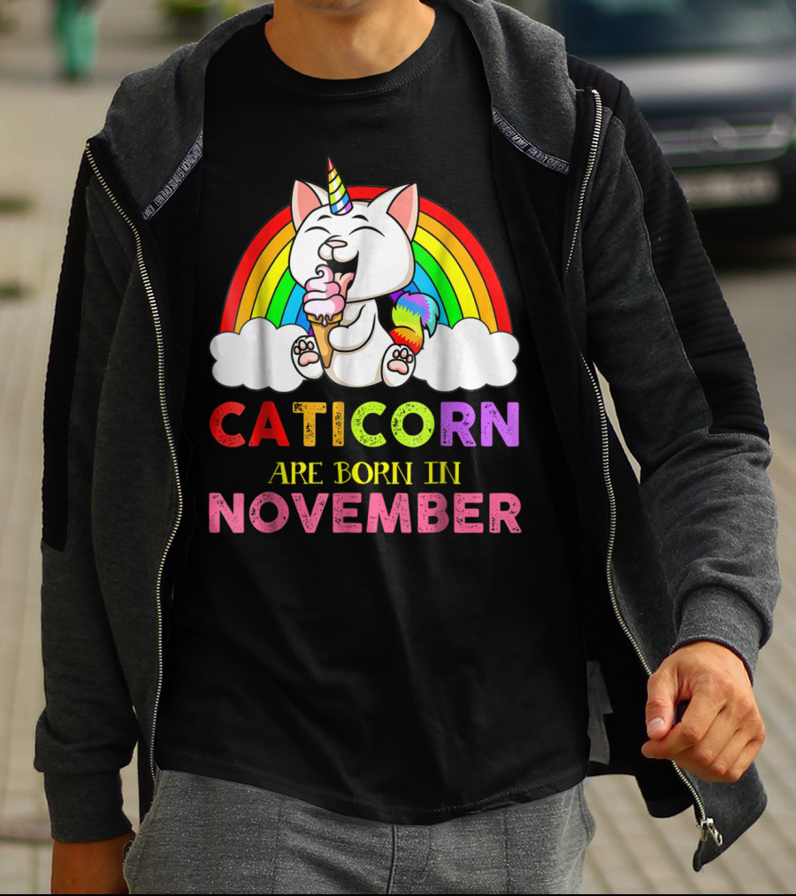 Caticorn Are Born In November Rainbow Ice Cream Cloud Cat Unicorn T-Shirt