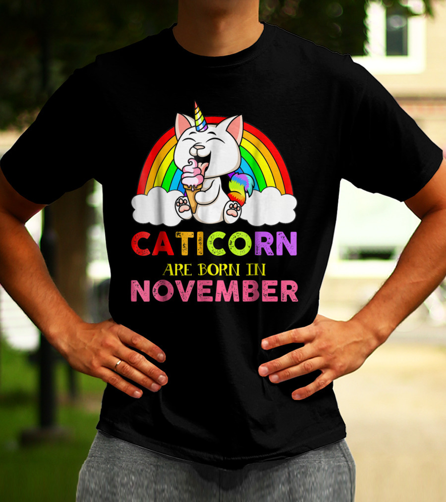 Caticorn Are Born In November Rainbow Ice Cream Cloud Cat Unicorn T-Shirt
