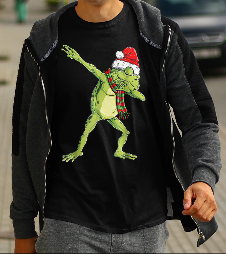 Christmas Dabbing Frog With Santa Hat And Scarf T-Shirt