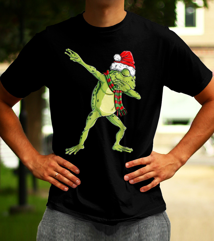Christmas Dabbing Frog With Santa Hat And Scarf T-Shirt
