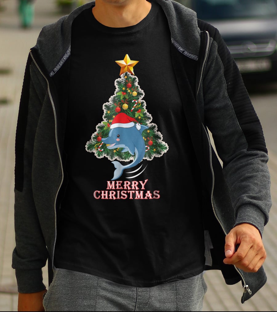 Merry Christmas Dolphin Tree With Santa Hat For Xmas T-Shirt