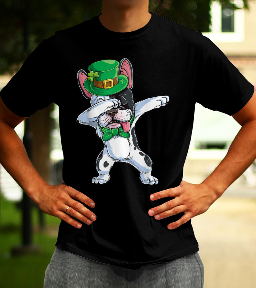 Dabbing French Bulldog St Patricks Day Leprechaun Hat Bow Tie T-Shirt