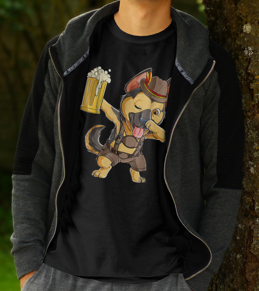 Dabbing German Shepherd Dab Men Prost Drinking Beer Oktoberfest Lederhosen T-Shirt
