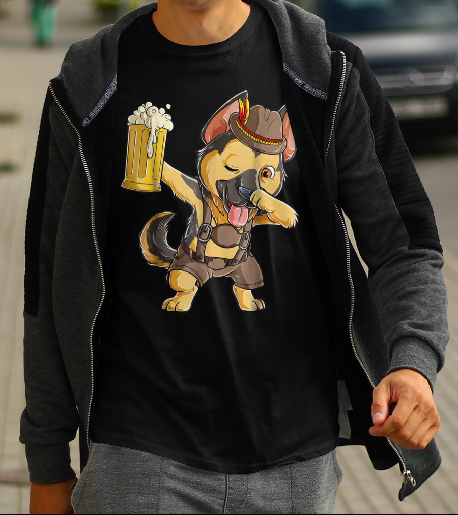 Dabbing German Shepherd Dab Men Prost Drinking Beer Oktoberfest Lederhosen T-Shirt
