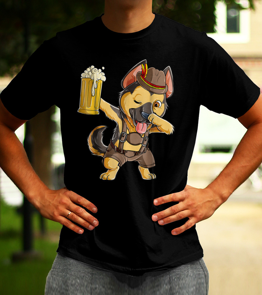 Dabbing German Shepherd Dab Men Prost Drinking Beer Oktoberfest Lederhosen T-Shirt