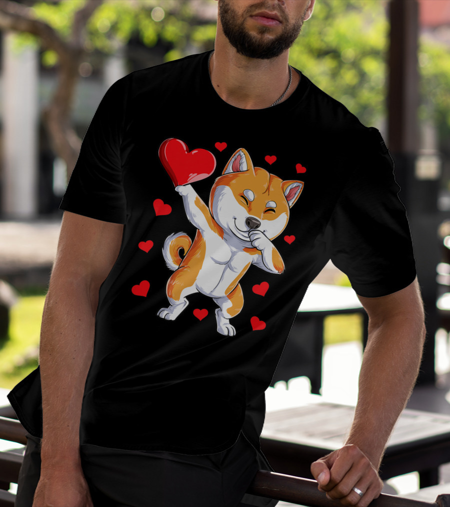 Dabbing Shiba Inu Holding Heart Valentines Day Dog Lover Boys T-Shirt