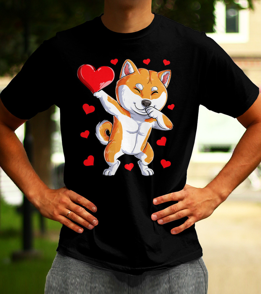 Dabbing Shiba Inu Holding Heart Valentines Day Dog Lover Boys T-Shirt