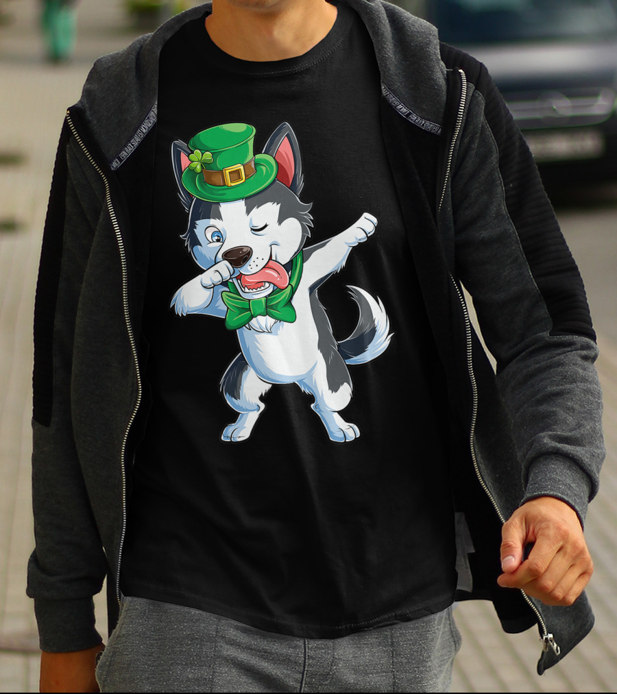 Siberian Husky Dabbing St Patricks Day Leprechaun Hat Bow Tie T-Shirt