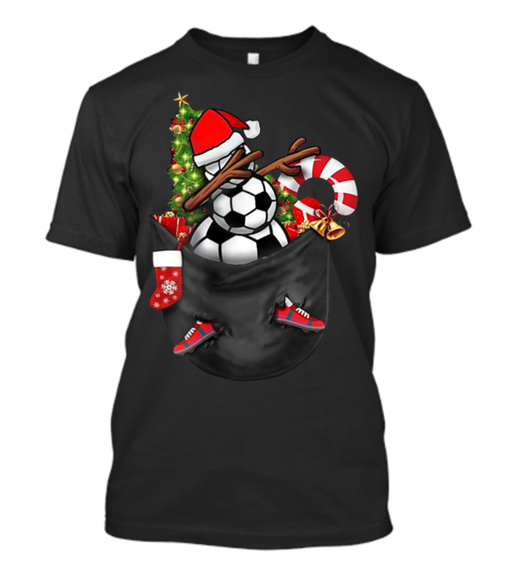 Dabbing Snowman With Soccer Ball And Christmas Decorations In Pocket T-Shirt
