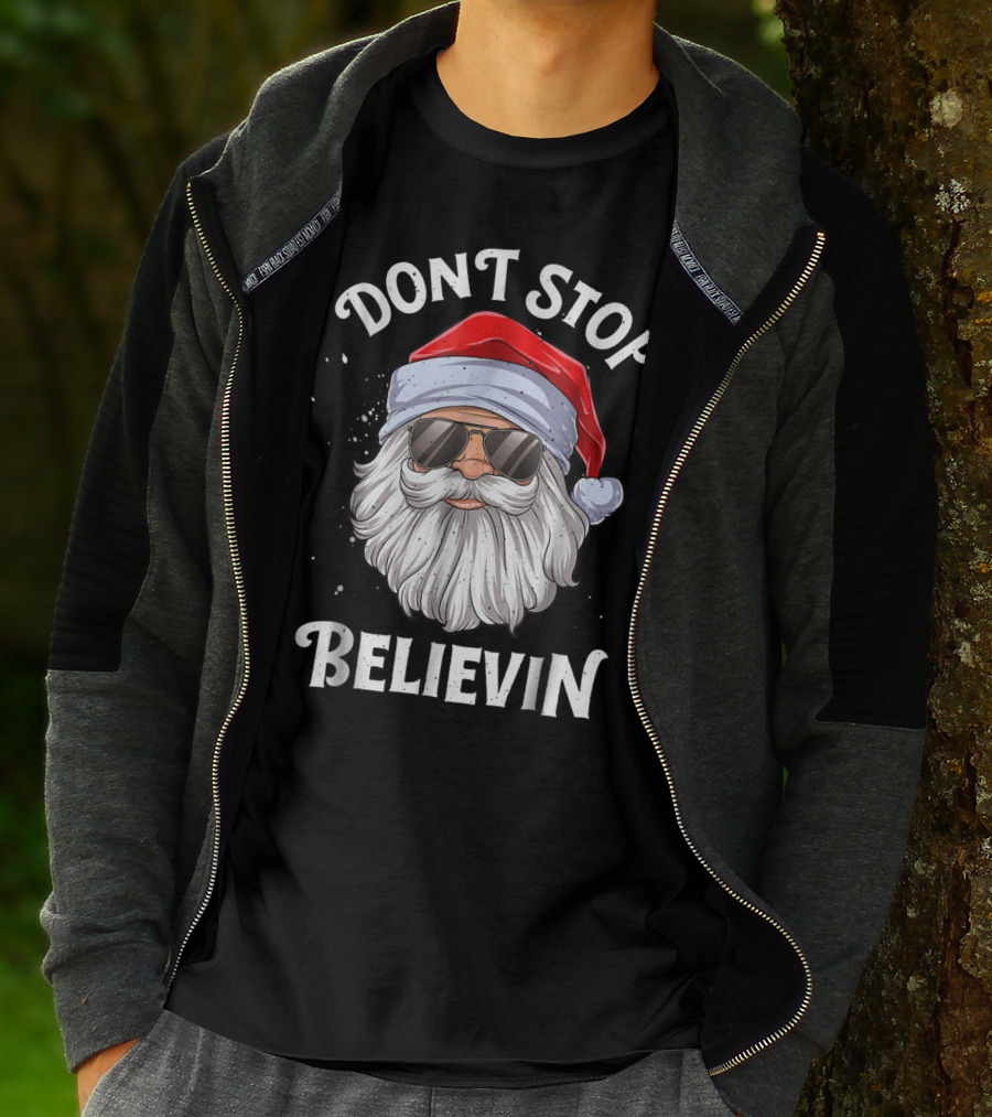 Dont Stop Believin Santa Christmas Boys Sunglasses Holiday T-Shirt