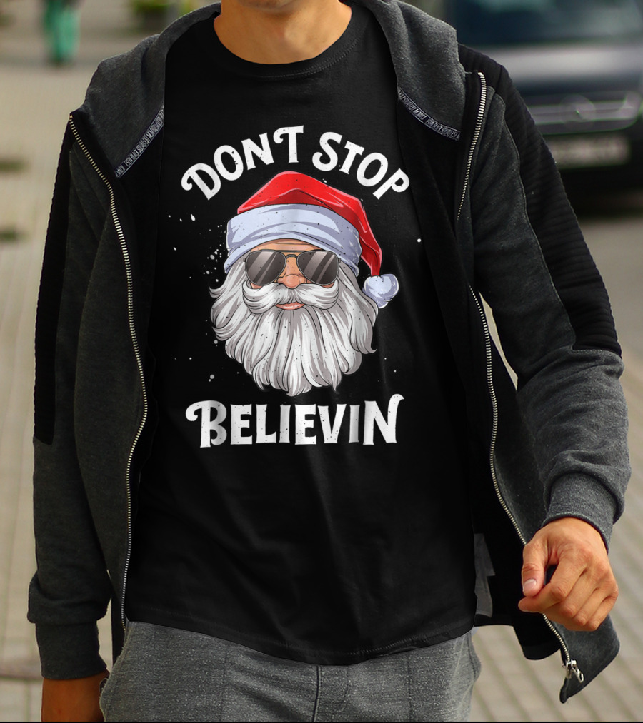 Dont Stop Believin Santa Christmas Boys Sunglasses Holiday T-Shirt