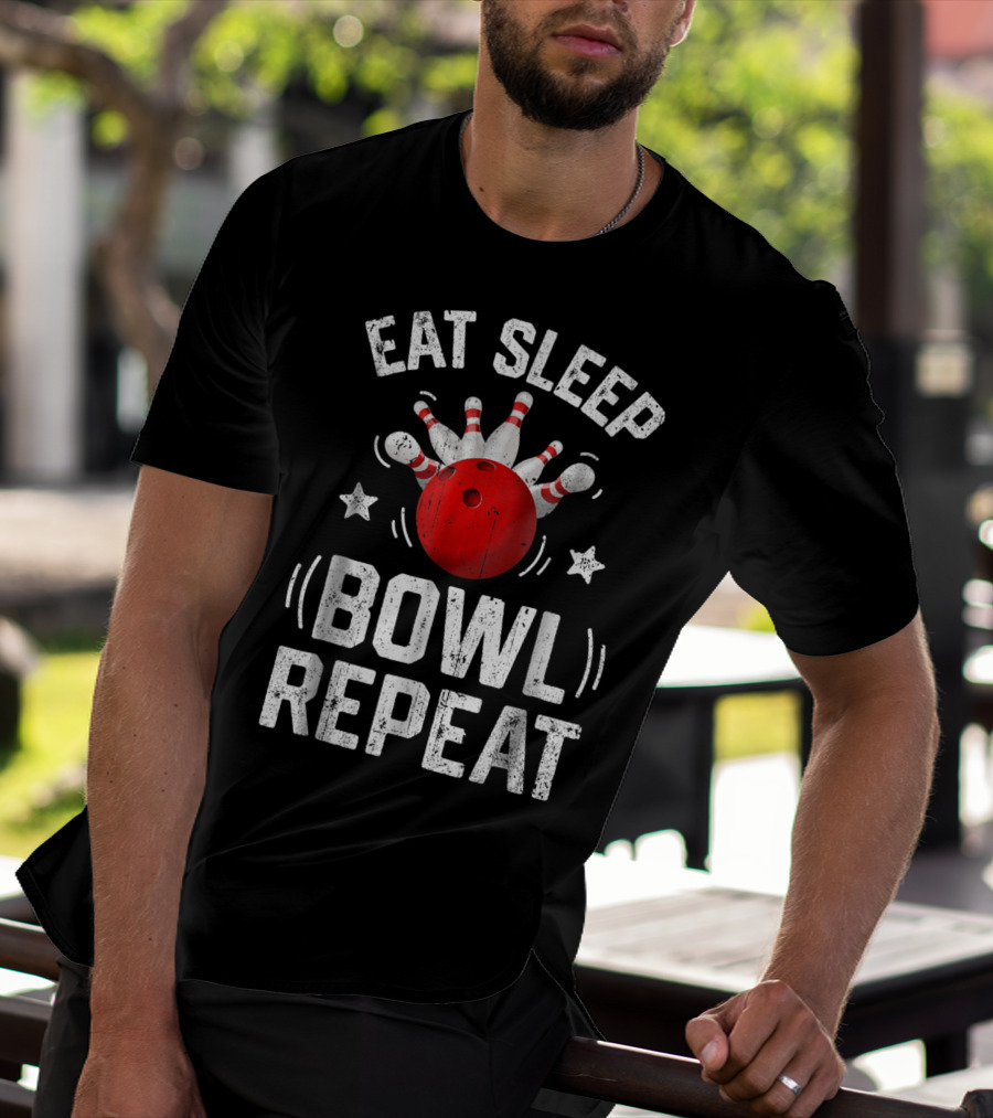 Eat Sleep Bowl Repeat Bowling Pins Stars Bowling Ball T-Shirt